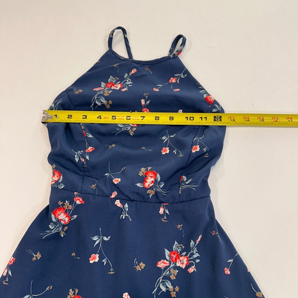 Lulus Floral Halter Skater Dress Womens Small Navy Blue Lace Up Back | Romantic - Picture 8 of 8